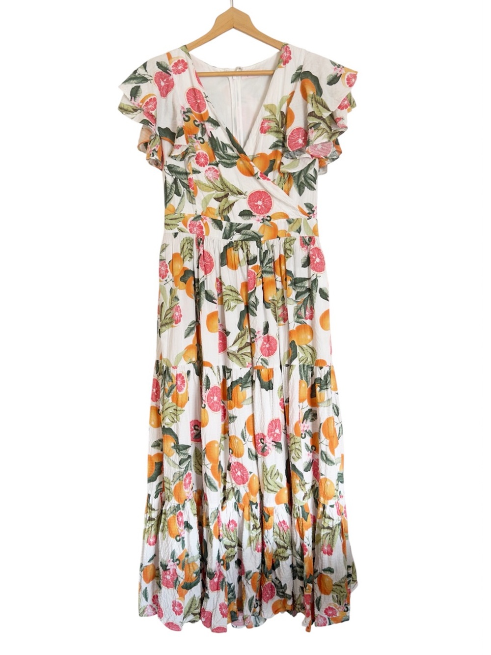 Ivy City Co Trixie Citrus Orange Fruit Print Flutter Sleeve Maxi Dress size 10